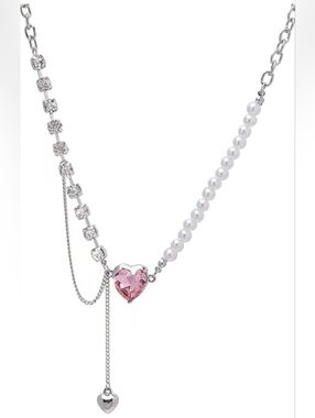 Pink Heart Crystal & Pearl Mixed-Chain Necklace Made With Swarovski Crystal